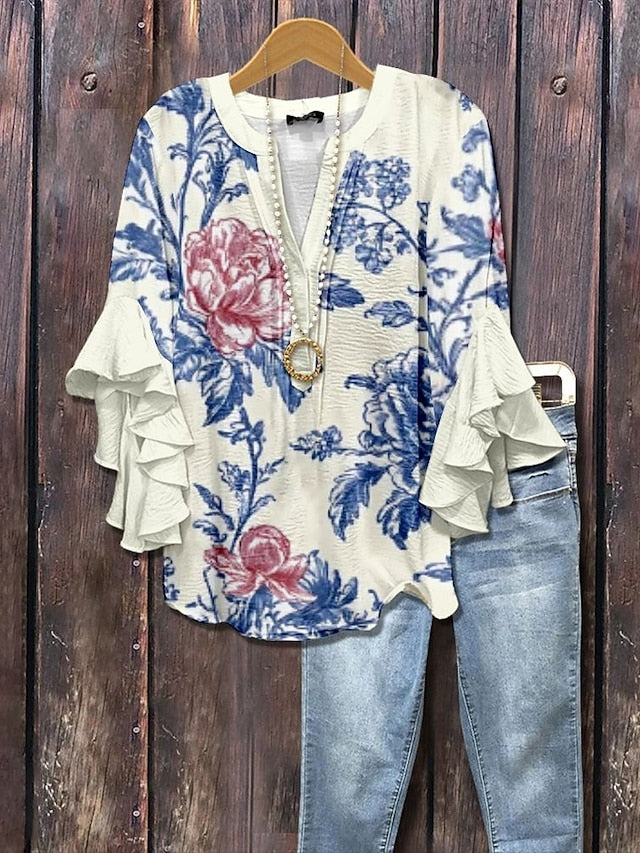 Women's T Shirt Tee Top Ruffle Print Floral Paisley Fashion