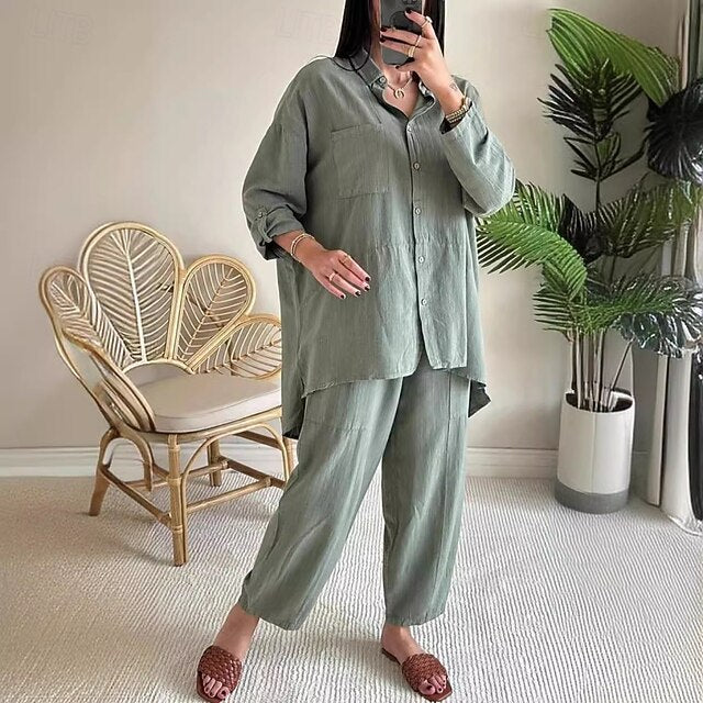 Women's Shirt Pants Sets Bolero Top Long Sleeve Shirt
