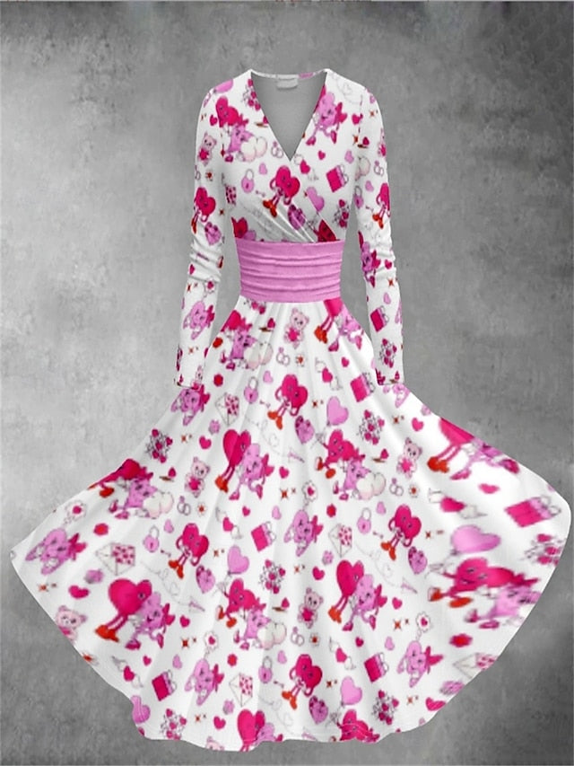 Women's Valentine Heart Dress Graphic Print V Neck Dolman