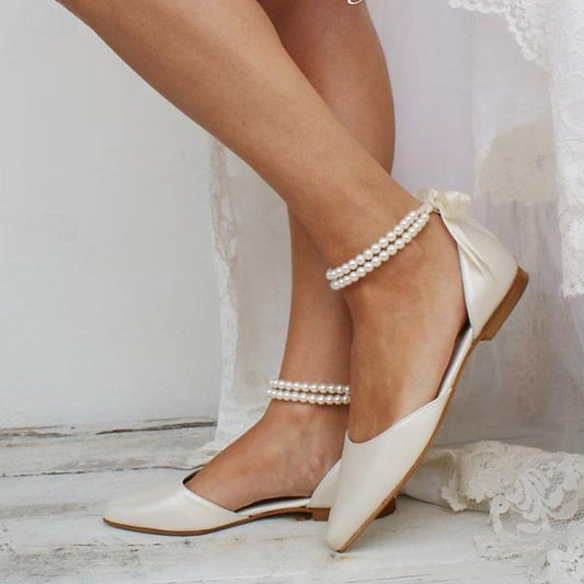 Elegant – Flats Bridal Ankle Women's Pearl Strap White