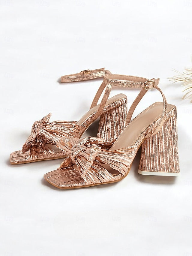 Rose Gold Detail Knot with Sandals Block Heel Textured and