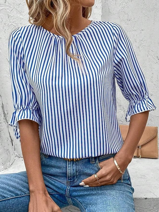 Women's Blouse Dressy Tops Ruffle Buttons Striped Elegant