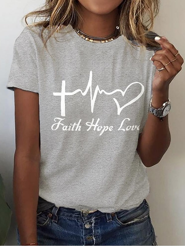 Women's T Shirt Print Heart Letter Basic Short Sleeve Round