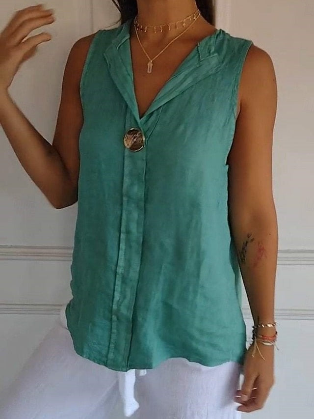 Women's Shirt Blouse Faux Cotton Linen Plain Stylish Casual