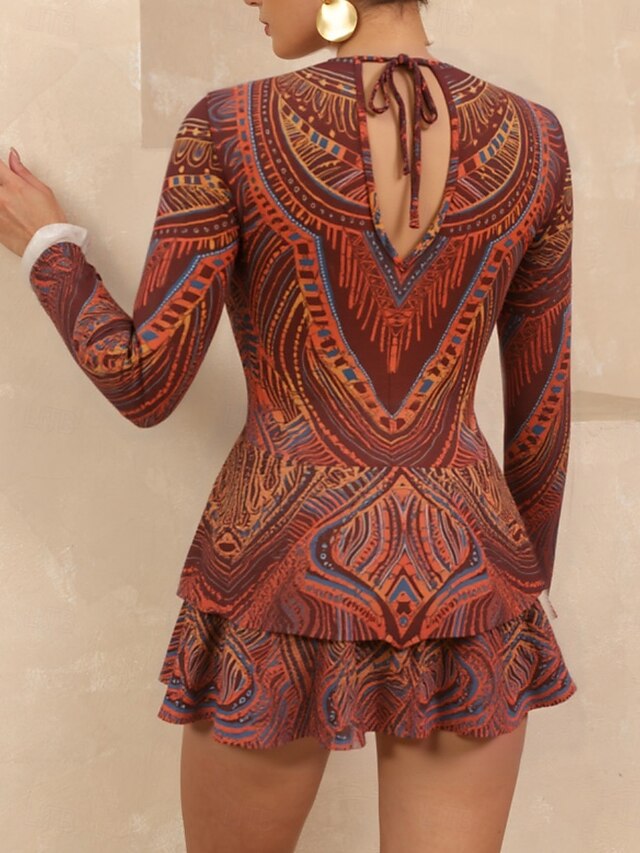 Women's One Piece Swimsuit with Skirt Boho Dress Tummy