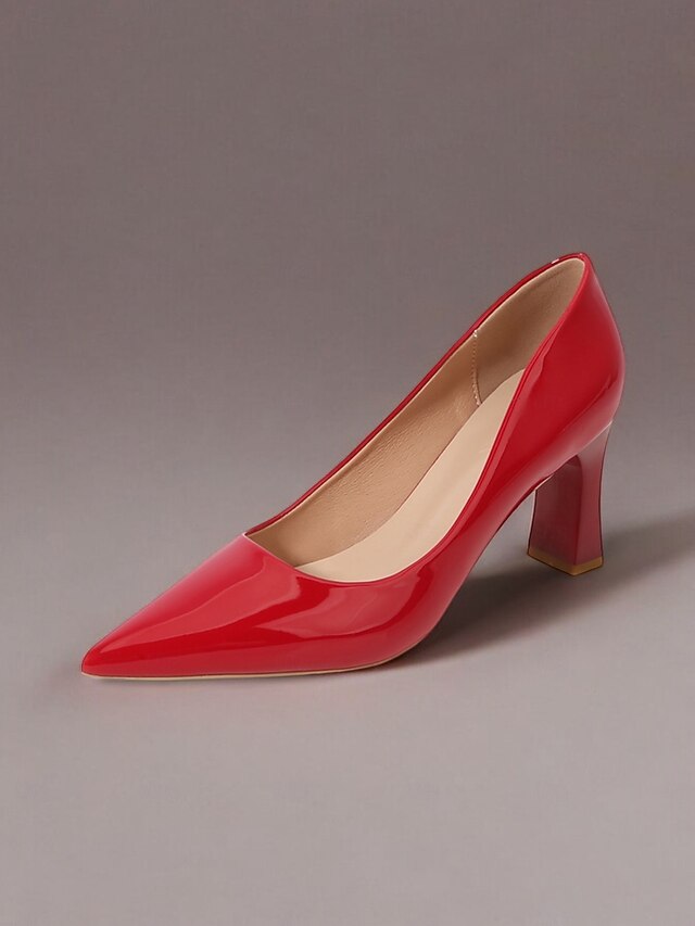 Pointed-Toe Heel Block Leather Patent Pumps Green Faux Glossy