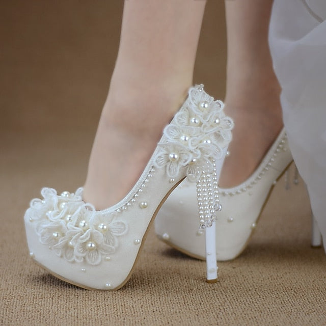 with Women's Platform Heels Floral Lace Wedding White