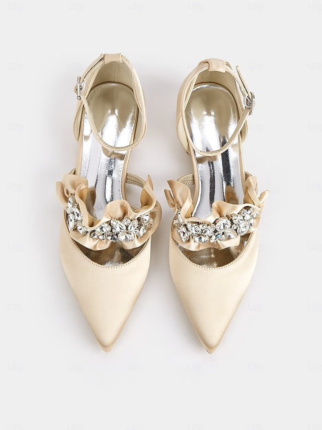 with Pointed-Toe Satin Women's Rhinestone Black Flats