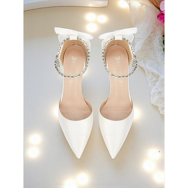 Satin Stiletto with Pointed Women's Toe Bow Ivory and Heels