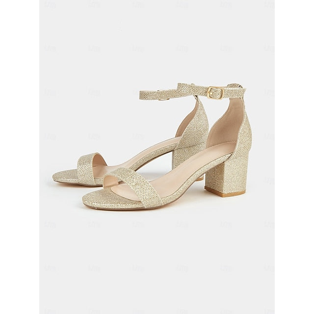 Stylish Glitter Gold Heel Women's Sandals with Ankle Block