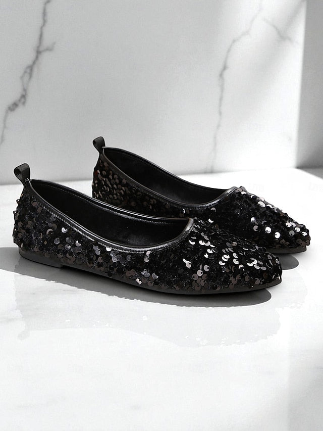 Sequin Women's Ballet Black Flats Toe - Pointed Sparkly