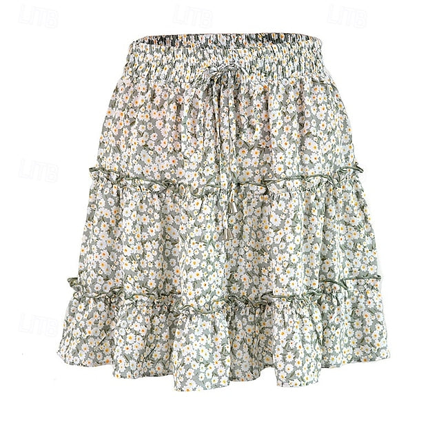 Women's Fashion Casual Mini Mid Rise Skirts Floral Ruched