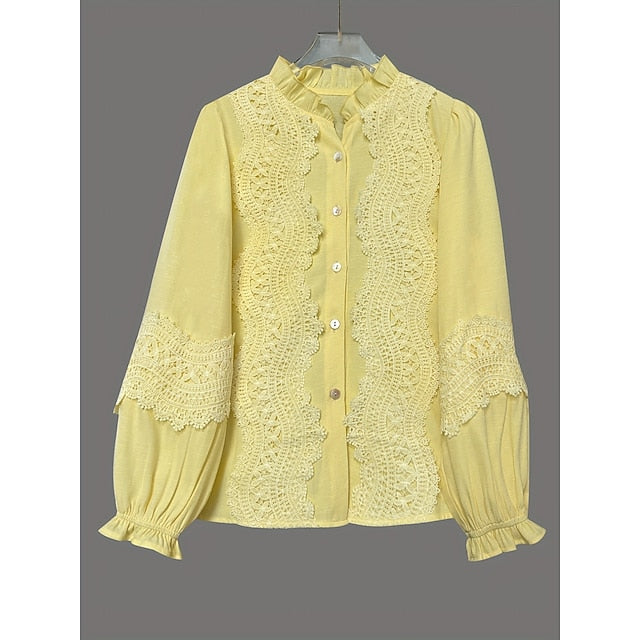 Women's Casual Shirt Button Up Shirt Blouse Ruffle Lace
