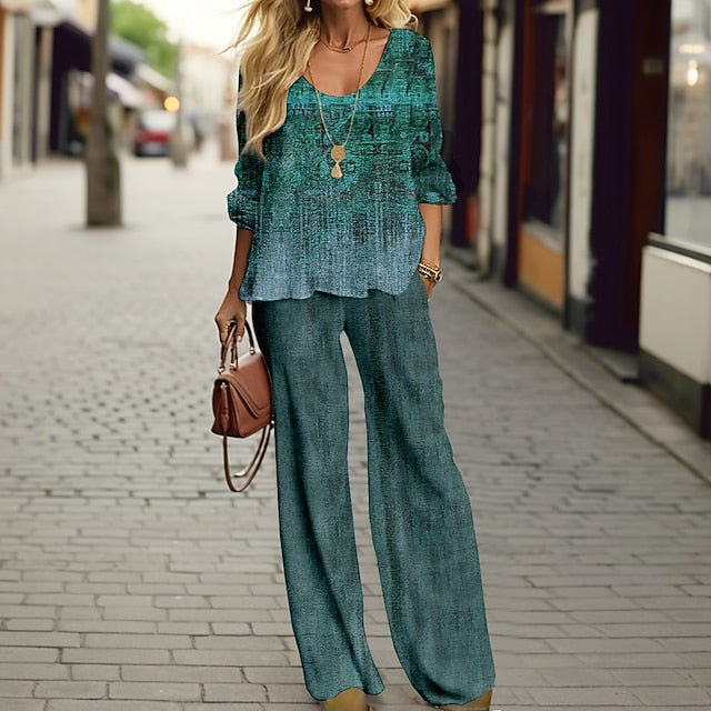 Women's 2 Pieces Fashion Shirt Pants Sets Wide Leg Pants