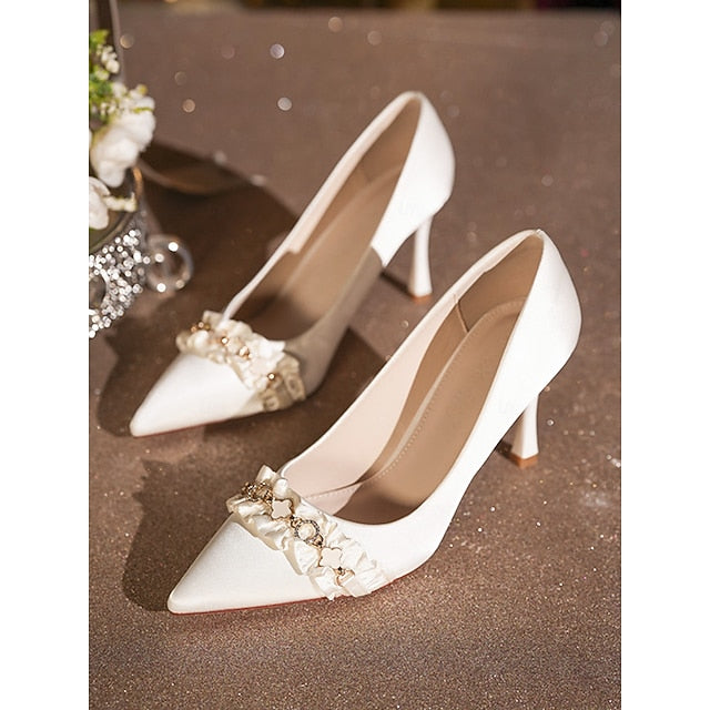 High with Toe Satin White Ruffle Pointed Heel Women's Pumps
