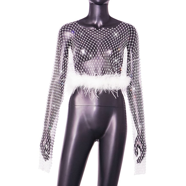 Metallic Sparkle Sexy Shirt Sheer Mesh Rhinestone Cover Up Disco