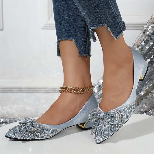 with Rhinestone - Flats Women's Elegant Bow Glitter Detail