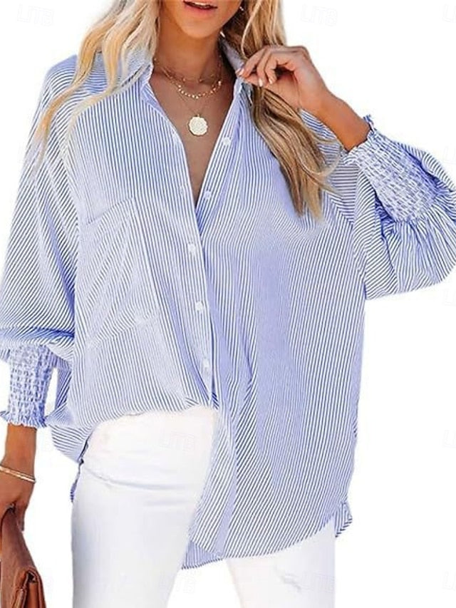 Women's Blouse Buttons Print Striped Stylish Casual Long