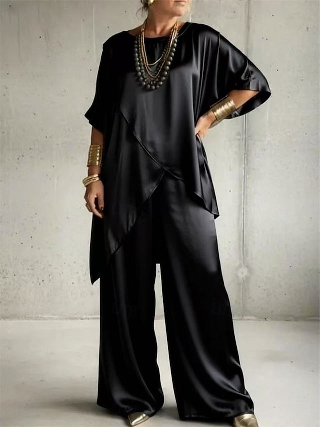 Women's Pants Sets Half Sleeve Round Neck Plain Ruched