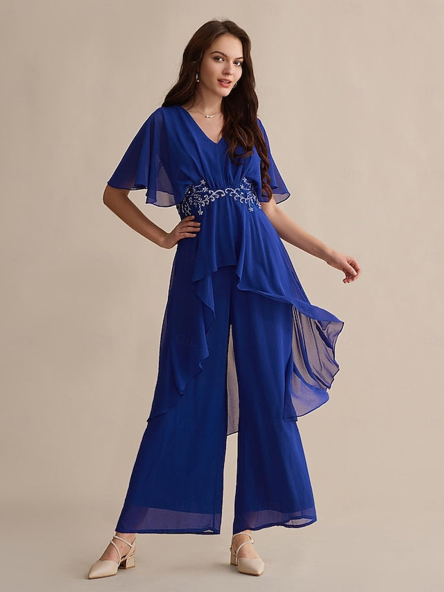 Guest Embroidered Cuff Flare Chiffon Sequin Blue Wedding Royal