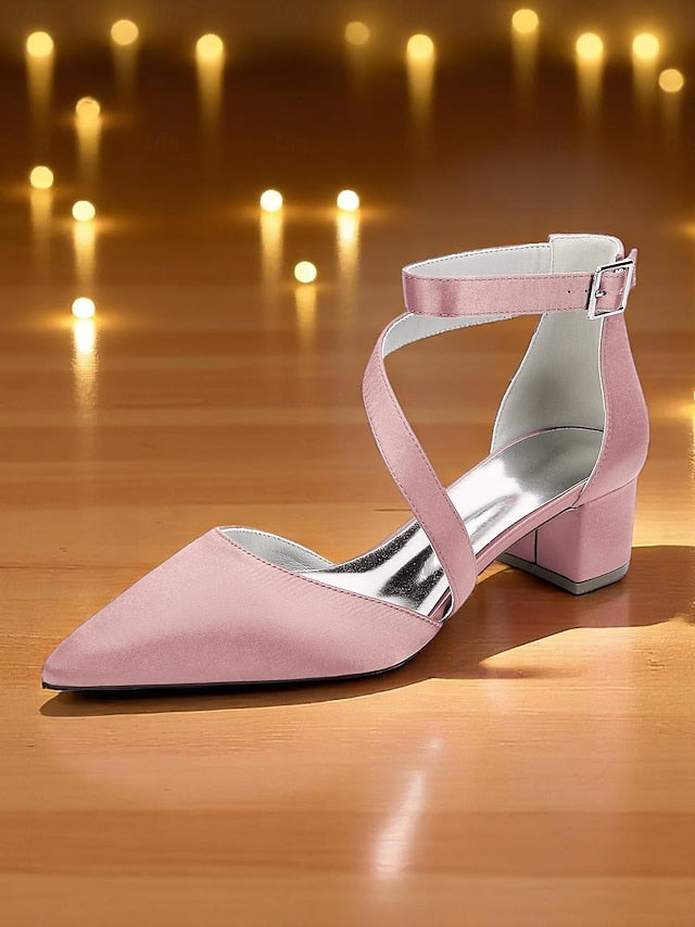 Toe Women's Block Satin Pointed - Heels Champagne