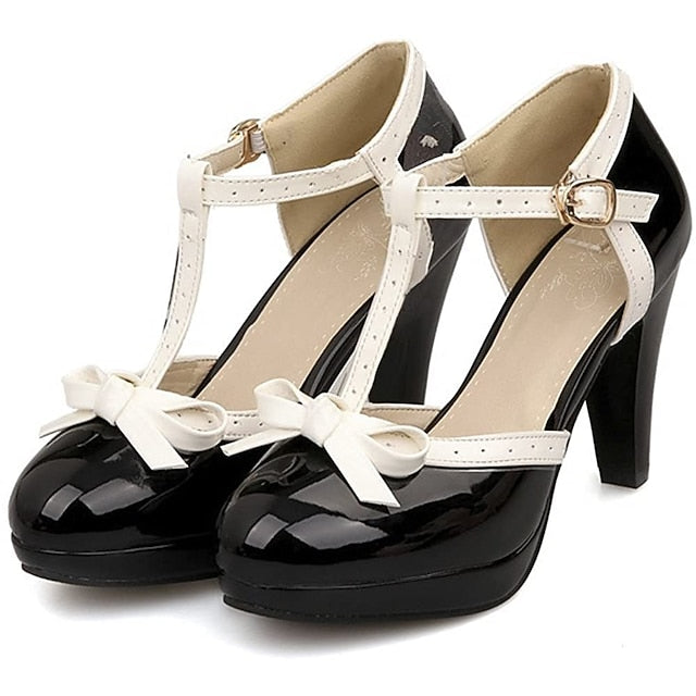 with Black White High Patent Women's Heels Leather T-Strap