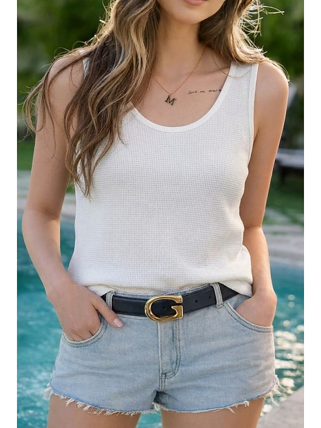 Women's Waffle Tank Top Solid Color Fashion Stylish Casual