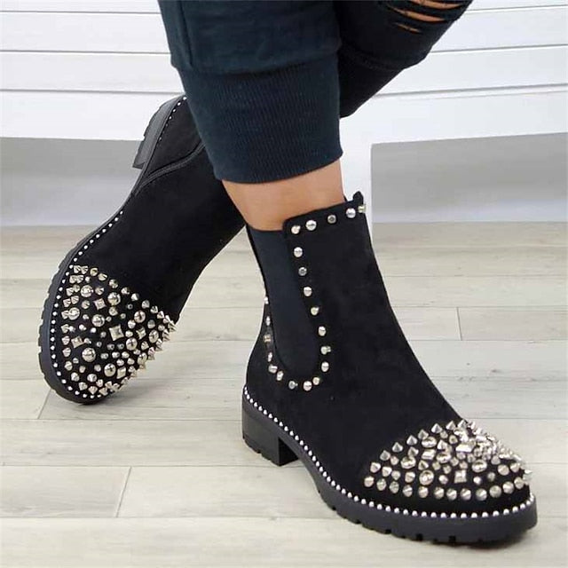 – for Studded Women Black Chunky Chelsea Boots Ankle Sole