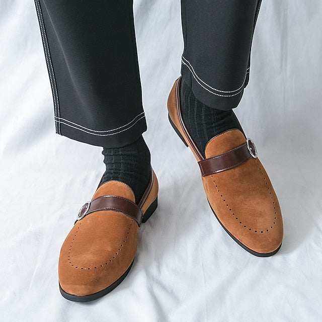 Faux Suede Slip-On with Brown Strap Buckle Loafers Men's