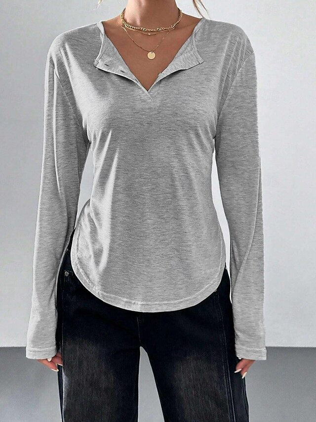 Women's T Shirt Buttons Solid Color Elegant Stylish Casual