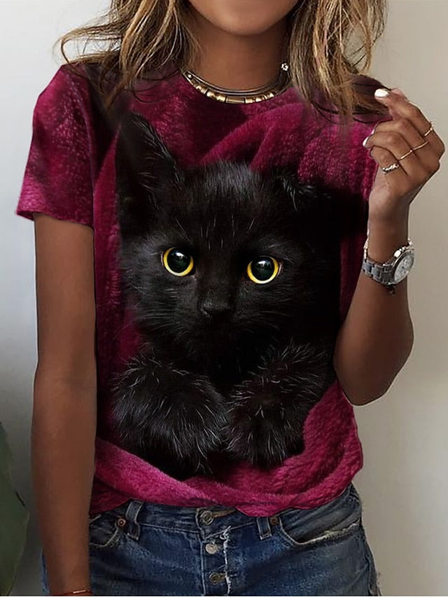 Women's T Shirt Basic Cat Print Short Sleeve Regular Tops