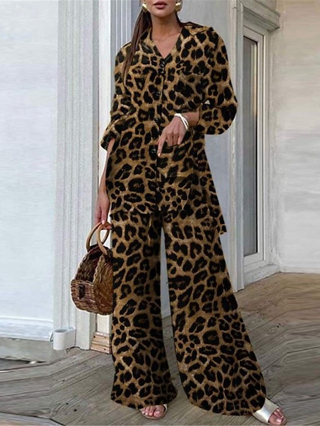 Women's Shirt Wide Leg Pants Long Sleeve Shirt Collar