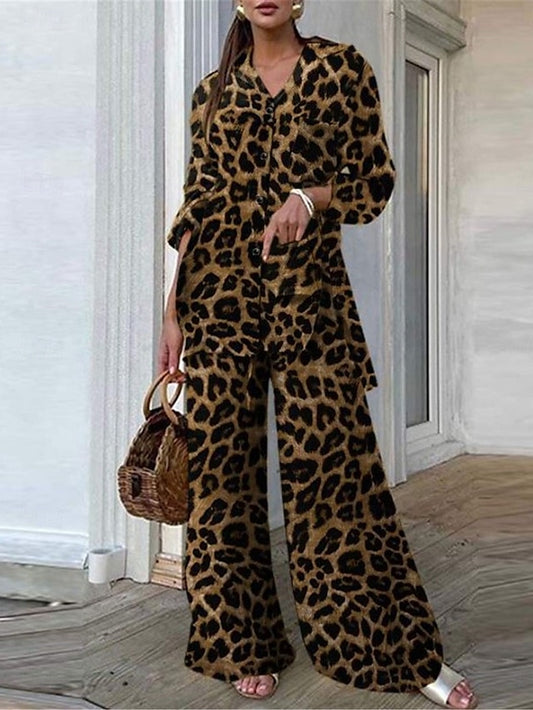 Women's Shirt Wide Leg Pants Long Sleeve Shirt Collar
