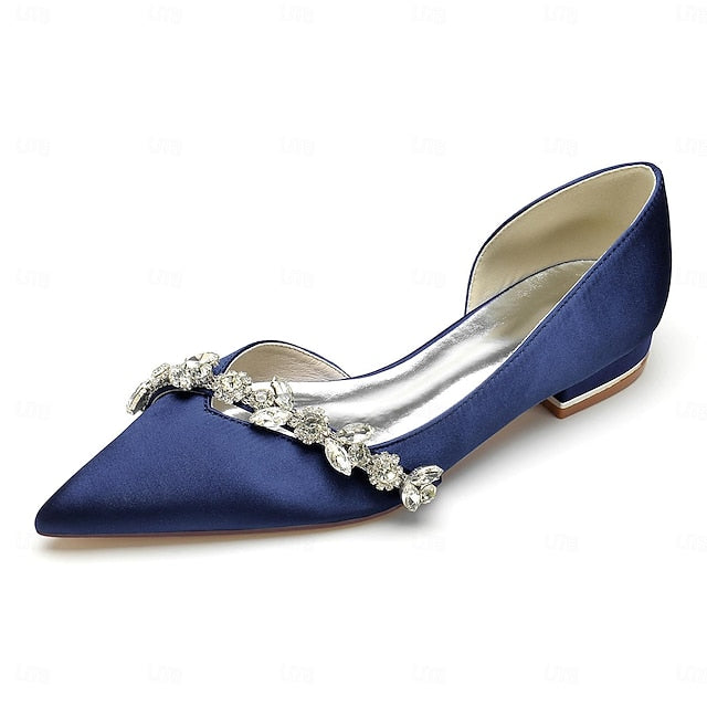 Crystal Wedding Toe with White and Pointed Satin Flat Shoes