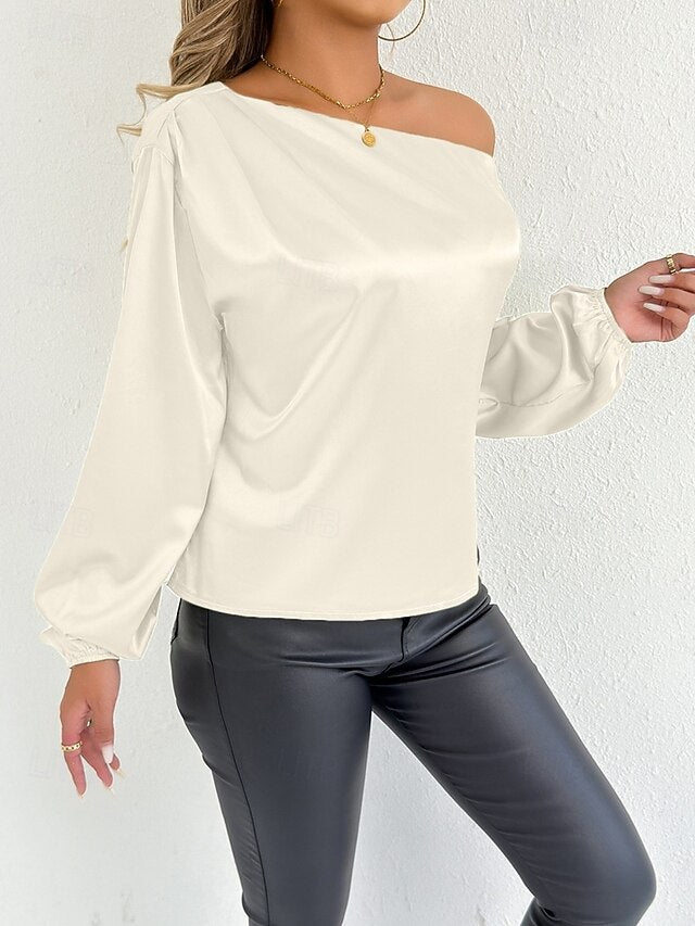 Women's Satin Tee Top Elegant Stylish Long Sleeve Puff