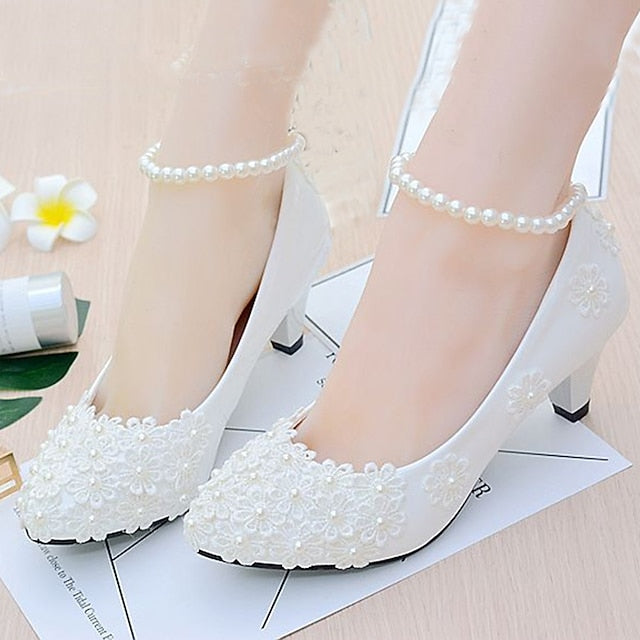 Pearl – Lace Heels Women's Floral Wedding Decorated White