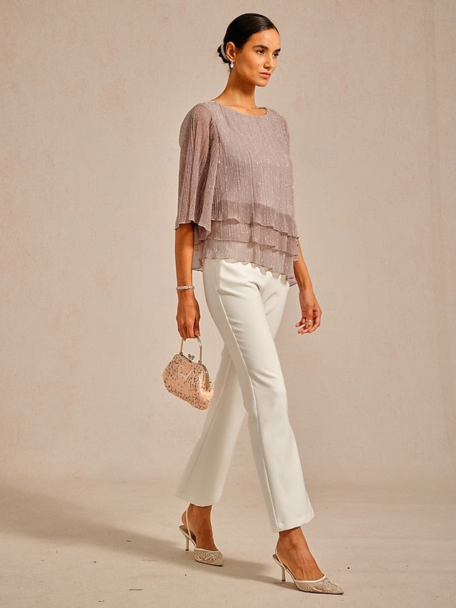 Women's Blouse Chiffon Tops Lace Tops Ruched Glitter Solid