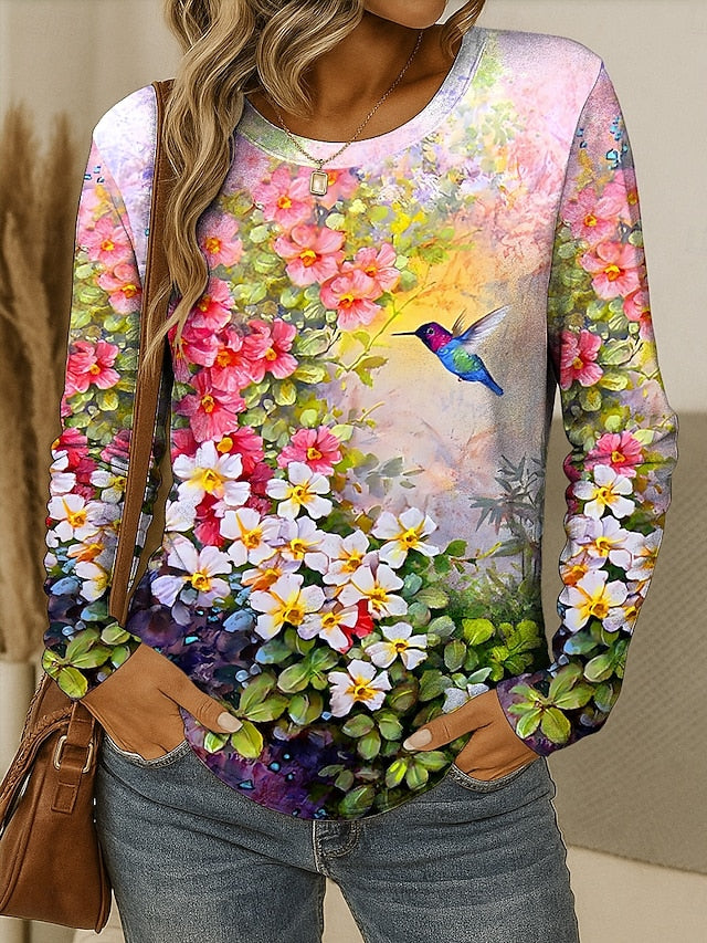 Women's T shirt Crew Neck Long Sleeve Tunic Floral Graphic