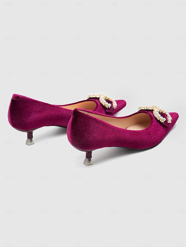 Burgundy Women's Heel Pumps Bow Velvet - Pearl with Kitten