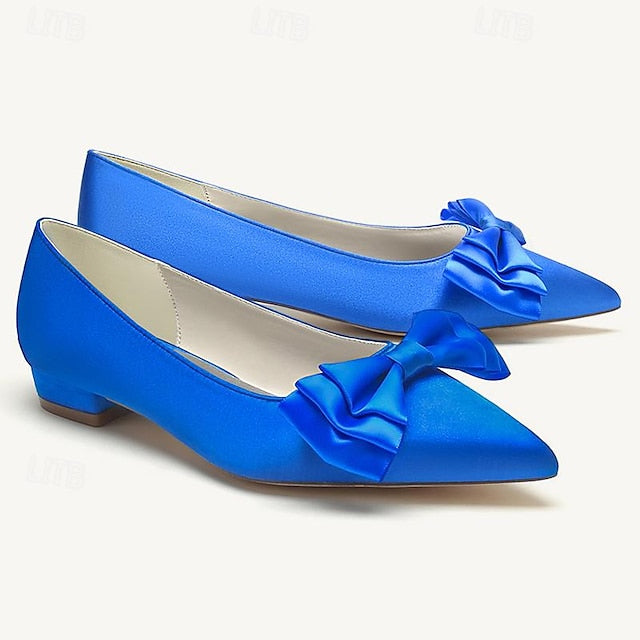 Low Party Women's Pointed Flats Heel Bowknot Shoes Wedding