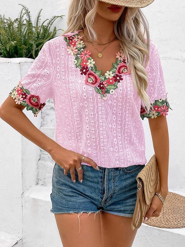 Women's White Elegant Lace Tops Eyelet Blouse Floral