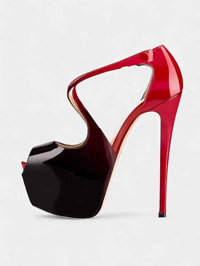 Black Leather Heels Platform Cross with Red Stiletto and Patent