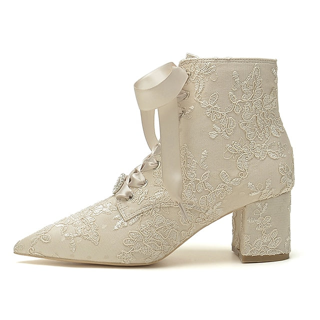 Bridal – Lace-Up White Floral Embroidered Women's Booties
