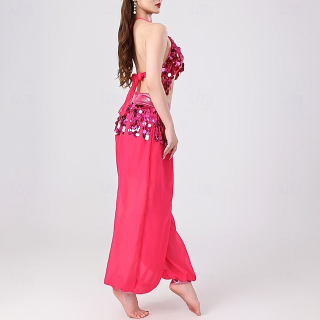 Belly Dance Top Pure Color Splicing Sequins Women's
