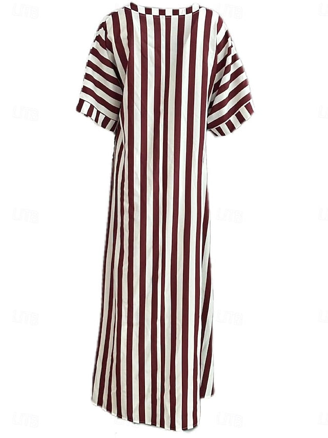 Women's Casual Dress Stripe Button Print Shirt Collar Long