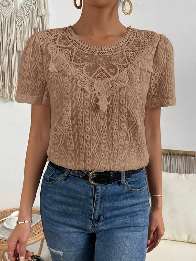 Women's T Shirt Lace Patchwork Plain Fashion Modern Casual