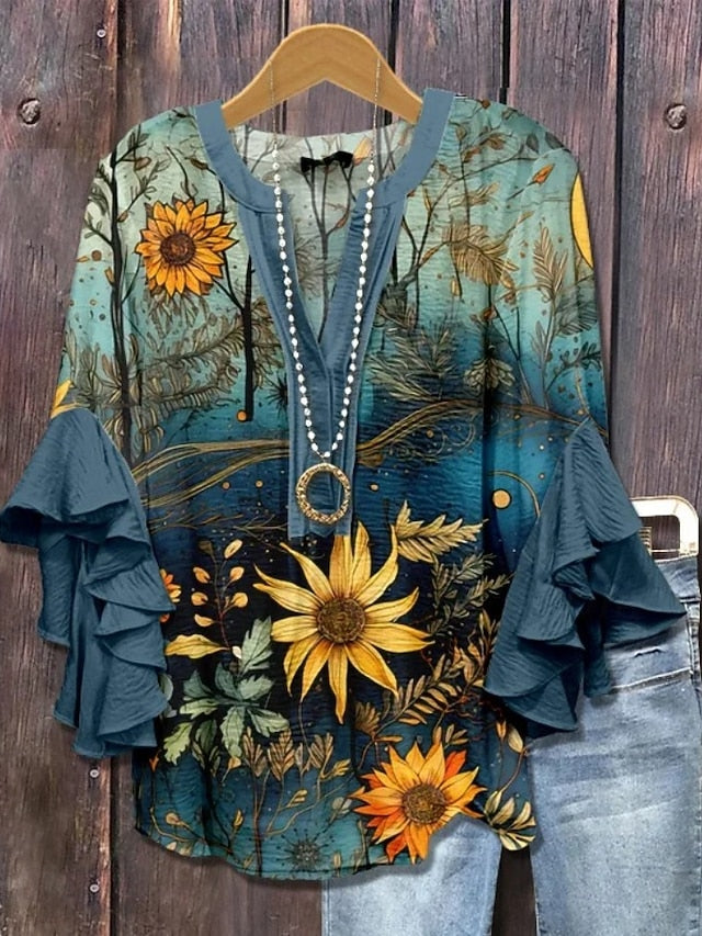 Easter Women's Blouse V Neck Floral Graphic Elegant Bohemia
