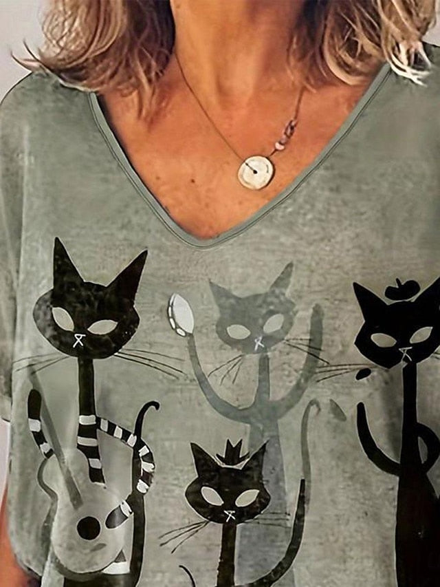 Women's T shirt Black Cat Casual Print Short Sleeve Regular