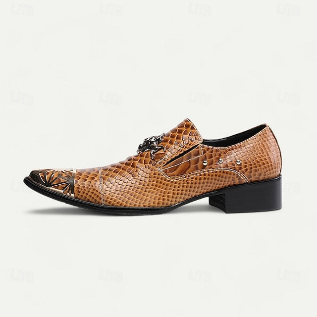 Brown with Leather Snake Pattern Slip-On Men's Metal Shoes