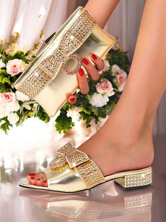 – with Clutch Sandals Gold Flat Rhinestone Bow Matching
